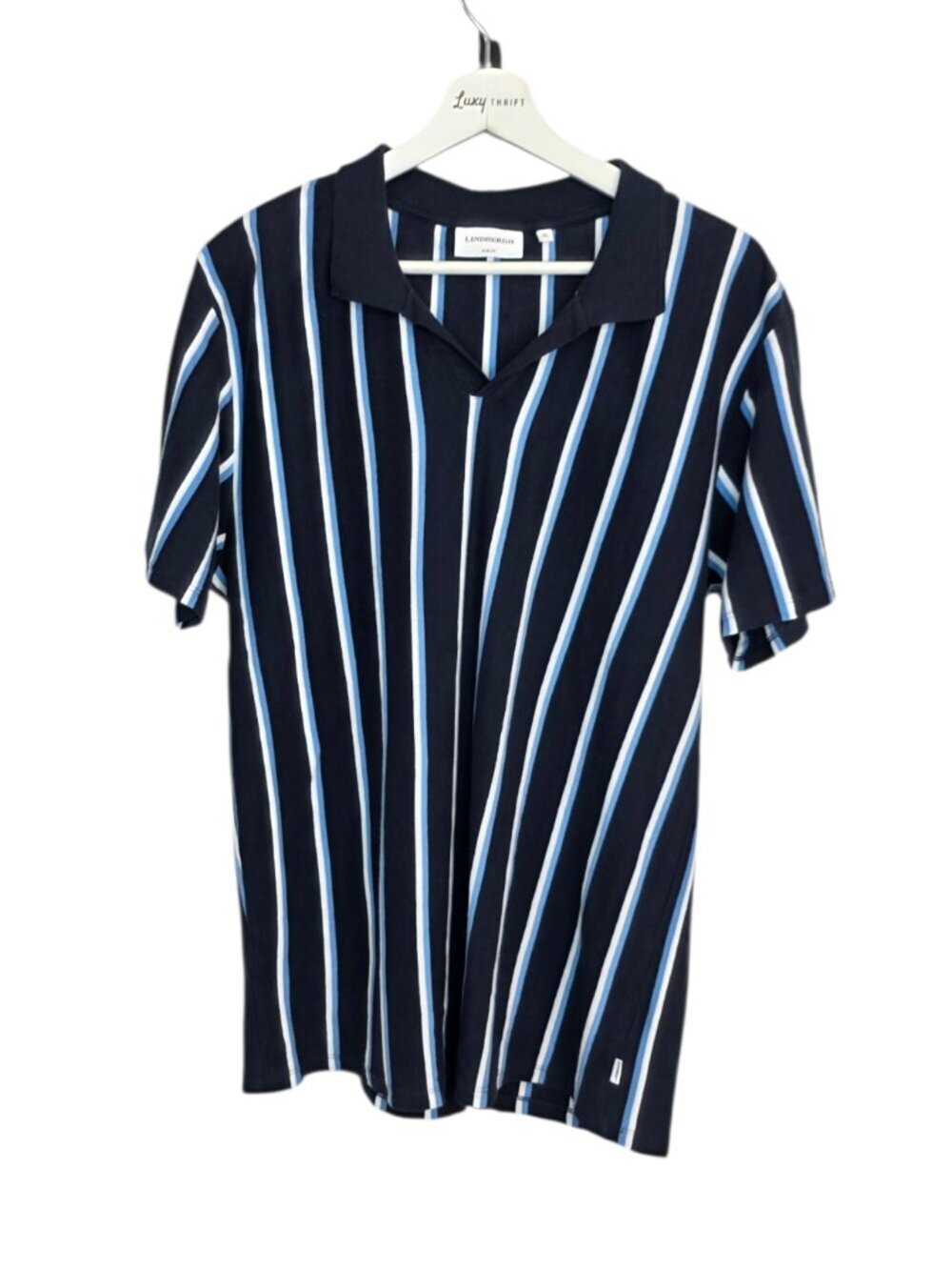 Lindbergh Men's Short Sleeve V-Neck Slim Fit Shirt, Striped, Blue, Cotton, Sz XL